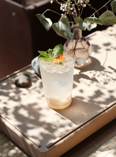 a glass of liquid with a leafy green garnish on a table